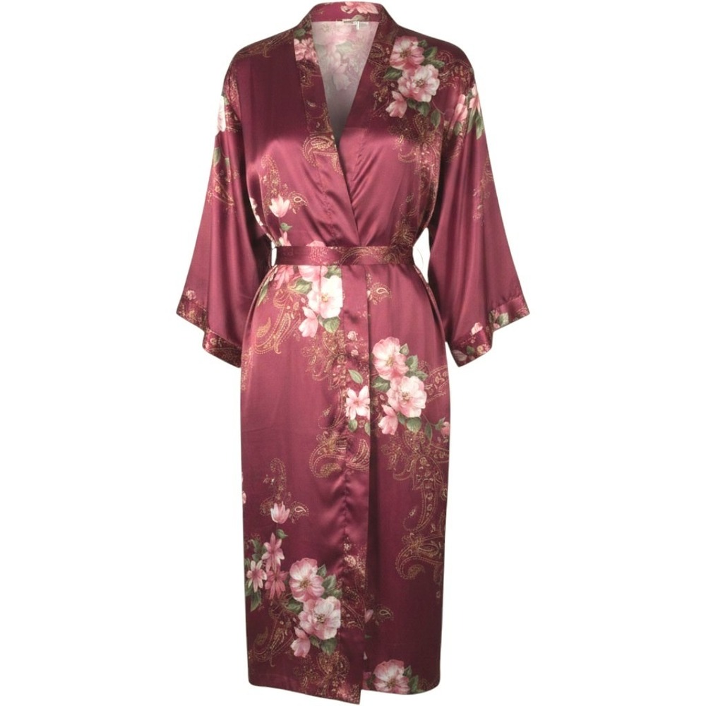 Vtg California Dynasty Robe Womens L Magenta Floral Paisley Satin Long Beaded